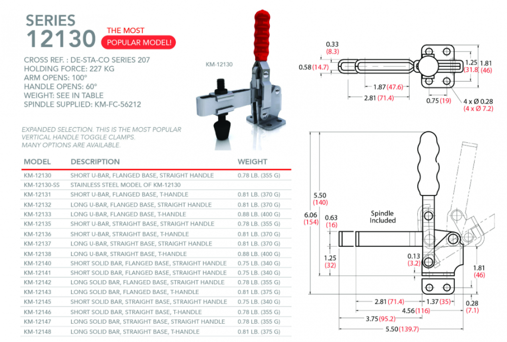 แคลมป์จับชิ้นงาน HOLKEN 12132 Vertical toggle clamp แขนยาว แรงยึด 227 kg