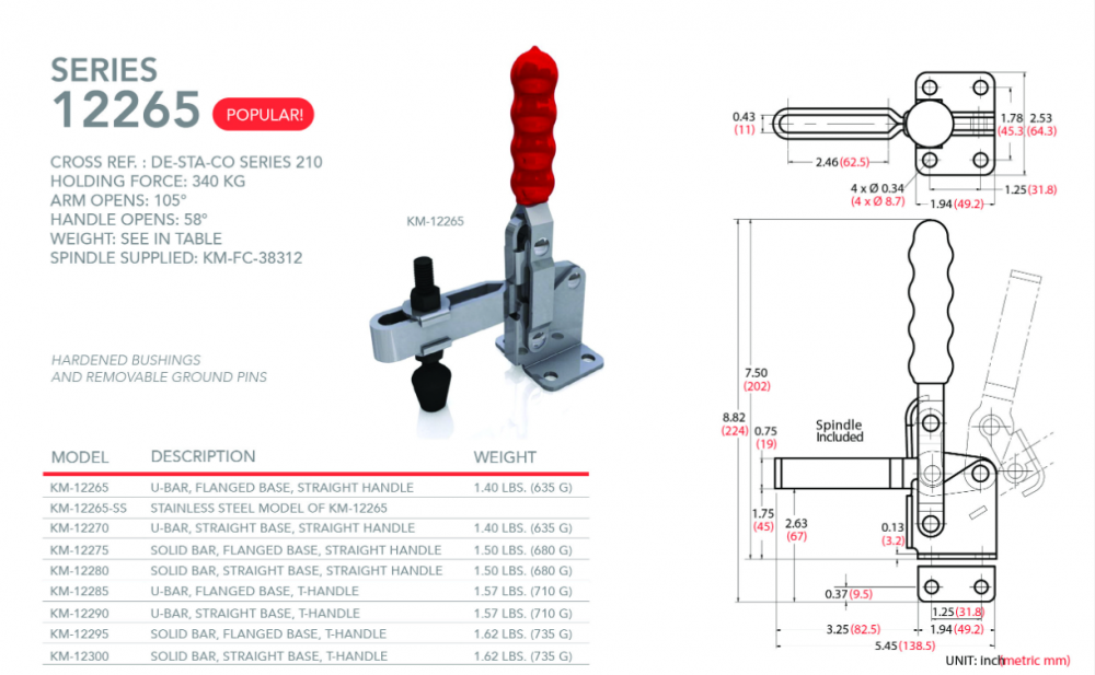 แคลมป์จับชิ้นงาน HOLKEN 12265 Vertical toggle clamp แขนจับแท่งทึบสั้น แรงยึด 227 kg  ฐานตรง 