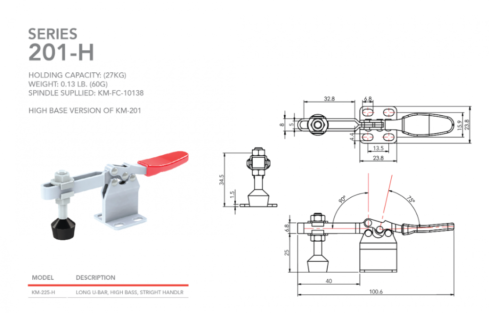 แคลมป์จับชิ้นงาน HOLKEN 201 H Horizontal toggle clamp ฐานสูง แรงยึด 27 kg 