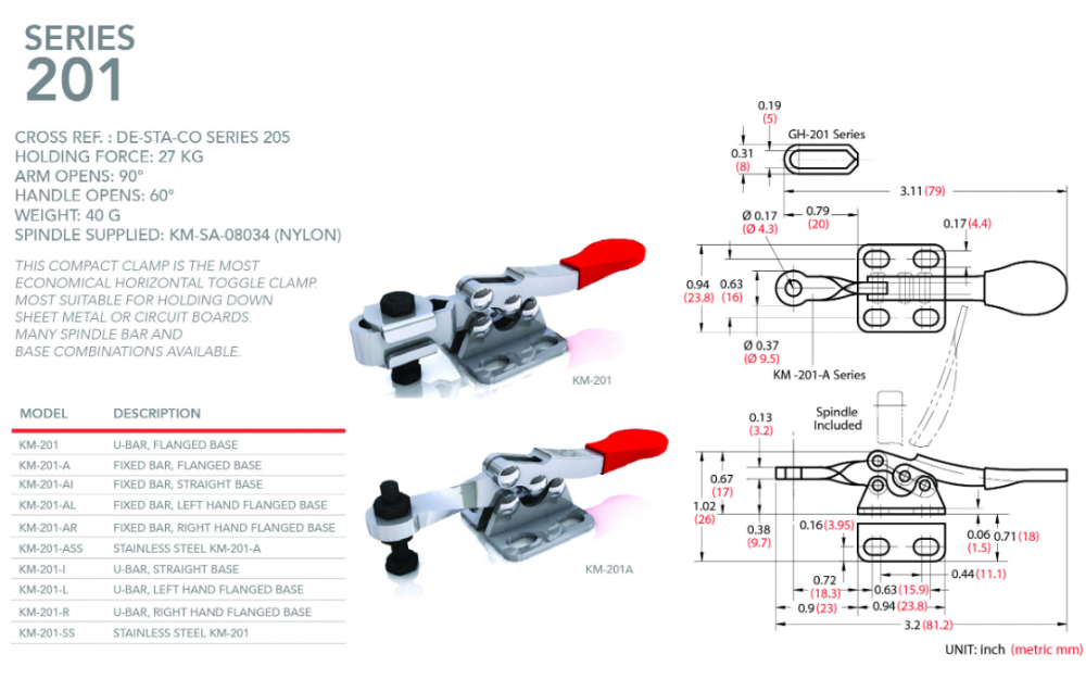แคลมป์จับชิ้นงาน HOLKEN 201 Horizontal toggle clamp U BAR แรงยึด 27 kg