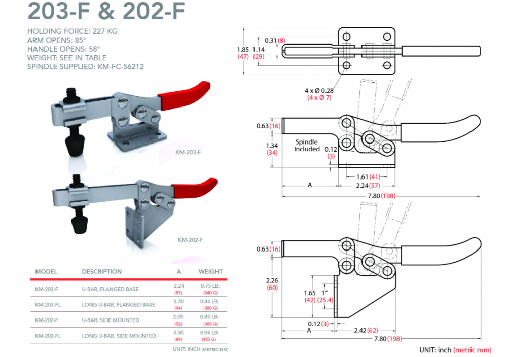 แคลมป์จับชิ้นงาน HOLKEN 202F Horizontal toggle clamp ติตตั้งด้านข้าง แรงยึด 227 kg 