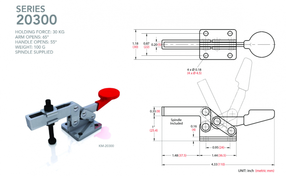 แคลมป์จับชิ้นงาน HOLKEN 20300 Horizontal toggle clamp แรงยึด 30 kg 