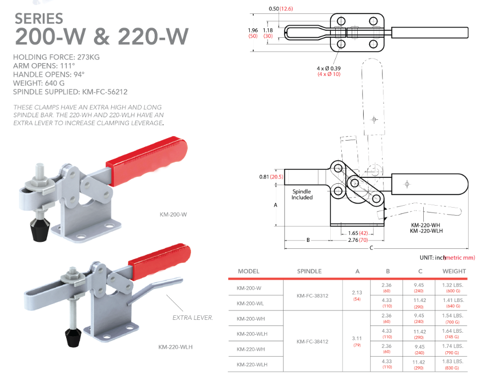 แคลมป์จับชิ้นงาน HOLKEN 200 WL Horizontal toggle clamp แขนยาว แรงยึด 273 kg  ฐานสูง 