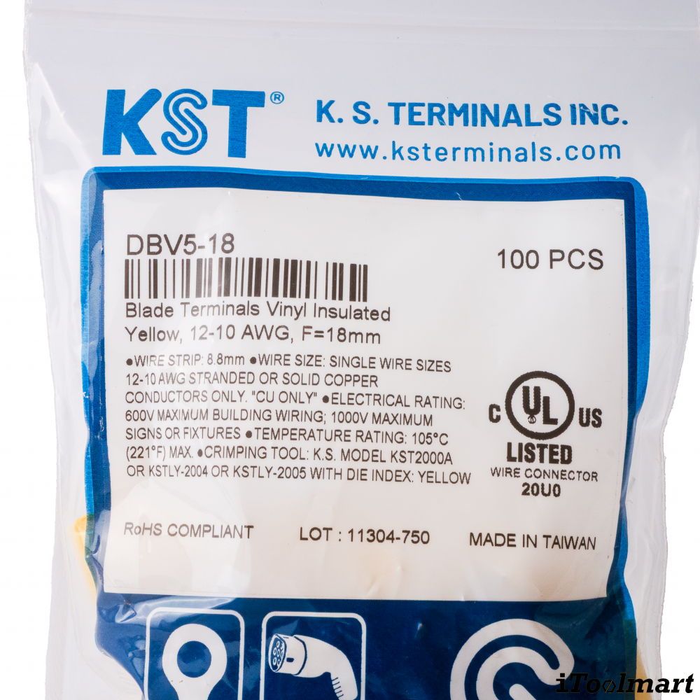 หางปลาเสียบก้านไม้ขีด KST DBV5 18 แบบหุ้ม สีเหลือง ขนาด 6 mm² 100 ตัว หางปลาเสียบก้านไม้ขีด KST DBV5 18 แบบหุ้ม สีเหลือง ขนาด 6 mm² 100 ตัว