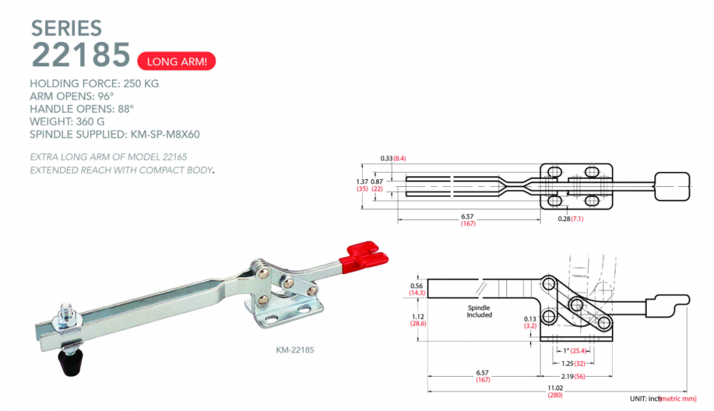 แคลมป์จับชิ้นงาน HOLKEN 22185 Horizontal toggle clamp แขนยาว แรงยึด 250 kg