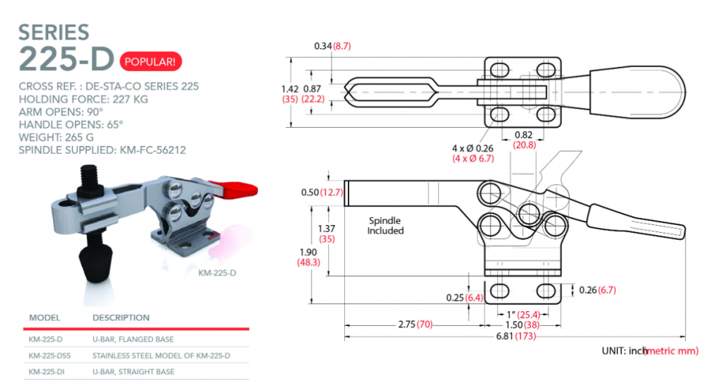 แคลมป์จับชิ้นงาน HOLKEN 225 D Horizontal toggle clamp แรงยึด 227 kg 