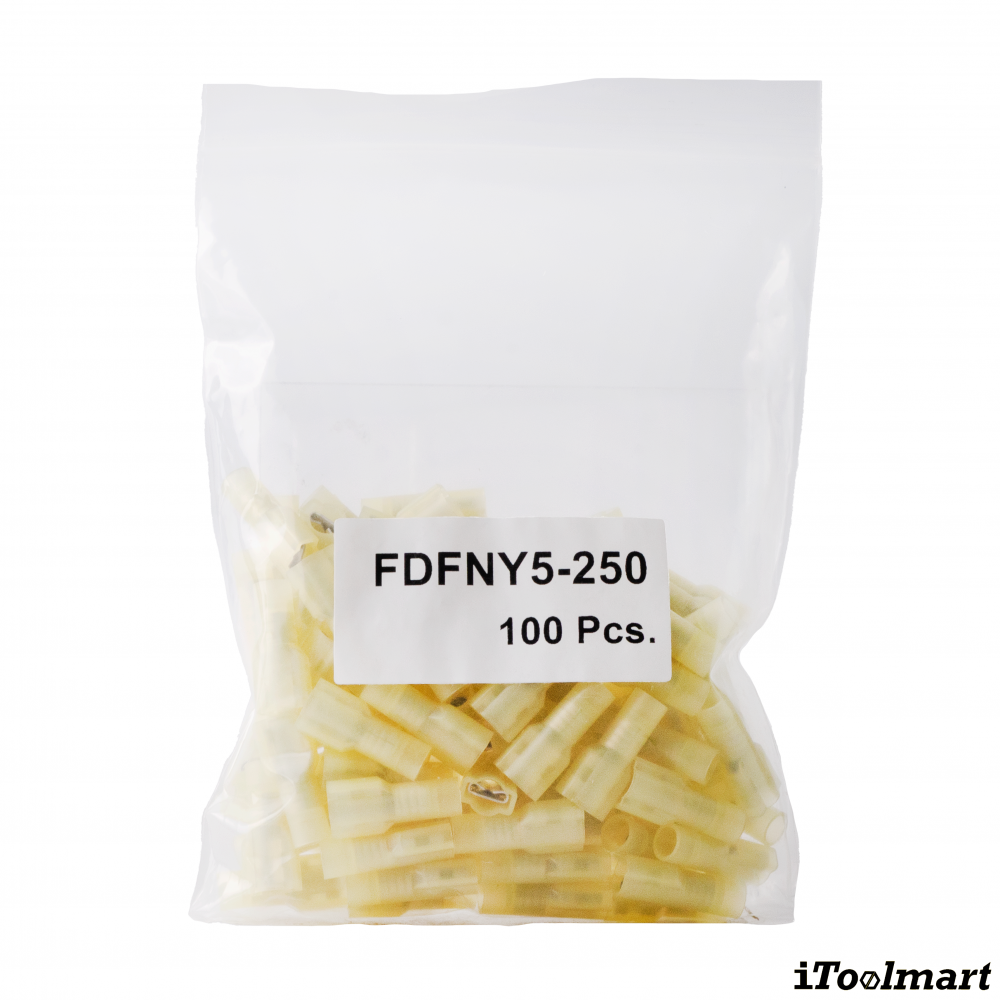 หางปลาเสียบแบนตัวเมียหัวเหลี่ยมหุ้มเต็ม KST FDFNY5 250 แบบใส สีเหลือง ขนาด 6 mm² 100 ตัว หางปลาเสียบแบนตัวเมียหัวเหลี่ยมหุ้มเต็ม KST FDFNY5 250 แบบใส สีเหลือง ขนาด 6 mm² 100 ตัว