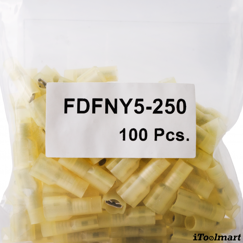 หางปลาเสียบแบนตัวเมียหัวเหลี่ยมหุ้มเต็ม KST FDFNY5 250 แบบใส สีเหลือง ขนาด 6 mm² 100 ตัว หางปลาเสียบแบนตัวเมียหัวเหลี่ยมหุ้มเต็ม KST FDFNY5 250 แบบใส สีเหลือง ขนาด 6 mm² 100 ตัว