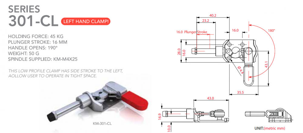 แคลมป์จับชิ้นงาน HOLKEN 301 CL Push Pull Toggle Clamp จังหวะลูกสูบ 16 mm  แรงยึด 45 kg