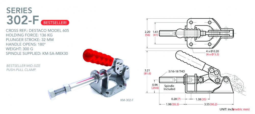 แคลมป์จับชิ้นงาน HOLKEN 302 F Push Pull Toggle Clamp แรงยึด 136 kg