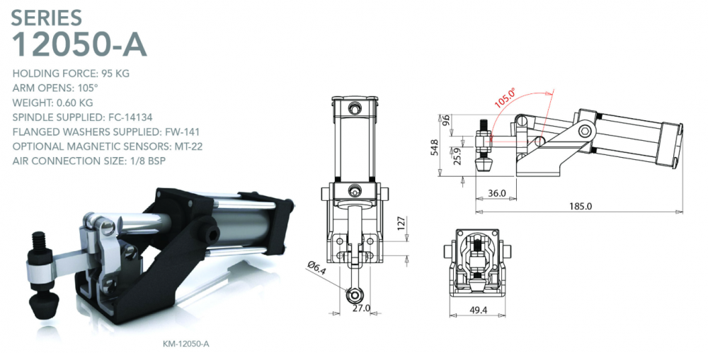 แคลมป์จับชิ้นงาน HOLKEN 12050 A Pneumatic Toggle Clamp แรงยึด 95 kg