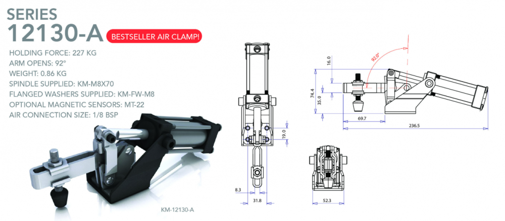 แคลมป์จับชิ้นงาน HOLKEN 12130 A Pneumatic Toggle Clamp แรงยึด 227 kg