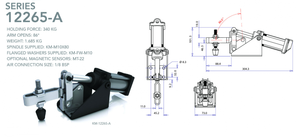 แคลมป์จับชิ้นงาน HOLKEN 12265 A Pneumatic Toggle Clamp แรงยึด 340 kg
