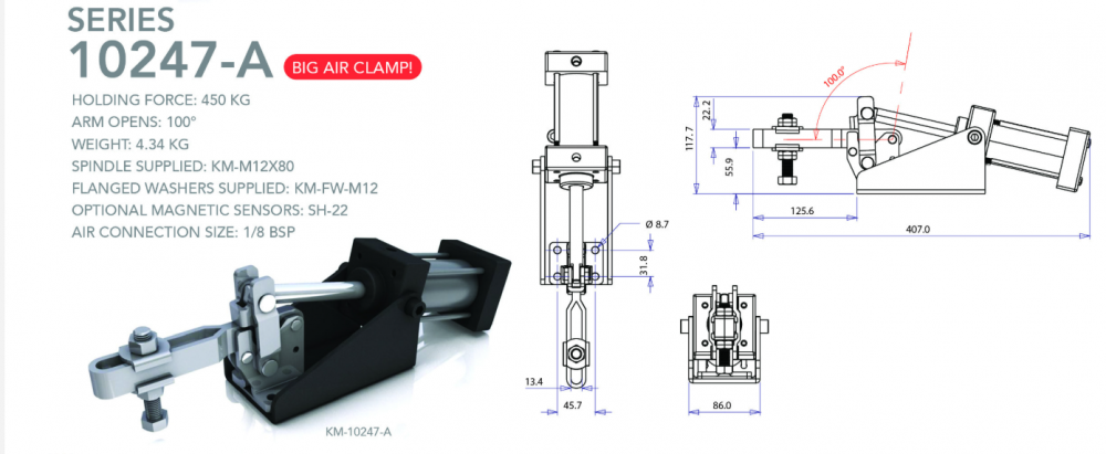 แคลมป์จับชิ้นงาน HOLKEN 10247 A Pneumatic Toggle Clamp แรงยึด 450 kg