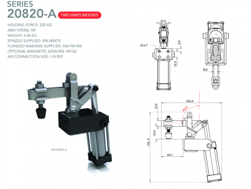 แคลมป์จับชิ้นงาน HOLKEN 20820 A Pneumatic Toggle Clamp ยึดได้ 2 ทาง แรงยึด 250 kg