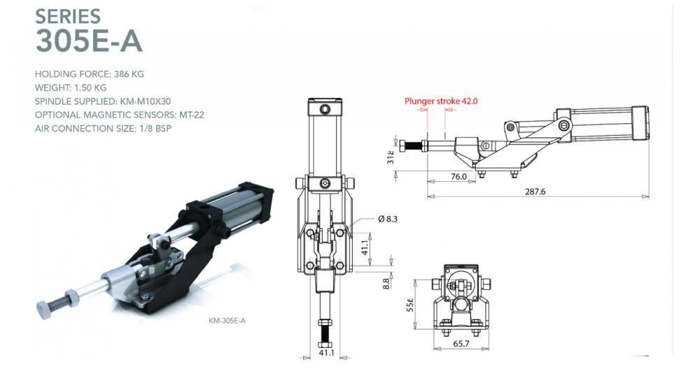 แคลมป์จับชิ้นงาน HOLKEN 305E A Pneumatic Toggle Clamp แรงยึด 386 kg