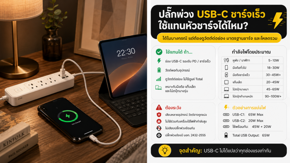 ปลั๊กพ่วง USBC ชาร์จเร็ว ใช้แทนหัวชาร์จได้ไหม หรือยังต้องระวังเรื่องกำลังไฟ