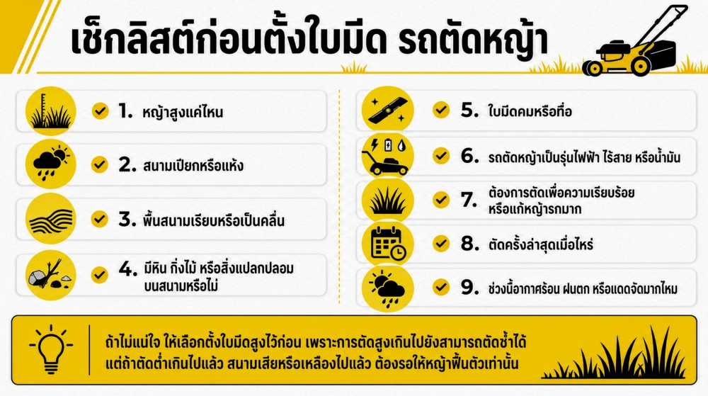 ระดับความสูงที่เหมาะสมในการตั้งใบมีด รถตัดหญ้า ต้องอยู่ในระดับไหน ระดับความสูงที่เหมาะสมในการตั้งใบมีด รถตัดหญ้า ต้องอยู่ในระดับไหน