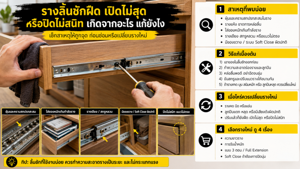 รางลิ้นชักฝืด เปิดไม่สุด หรือปิดไม่สนิท เกิดจากอะไร แก้ยังไง