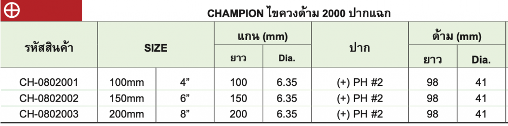 ไขควงด้าม ปากแฉก CHAMPION 2000