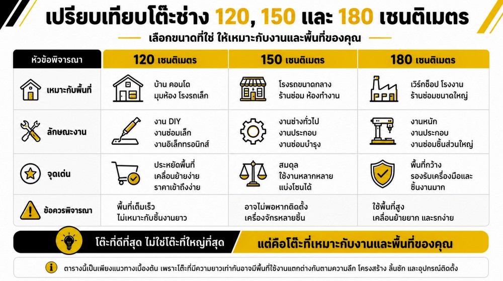 โต๊ะช่าง ขนาด 120 150 และ 180เซนติเมตร เลือกแบบไหนดี