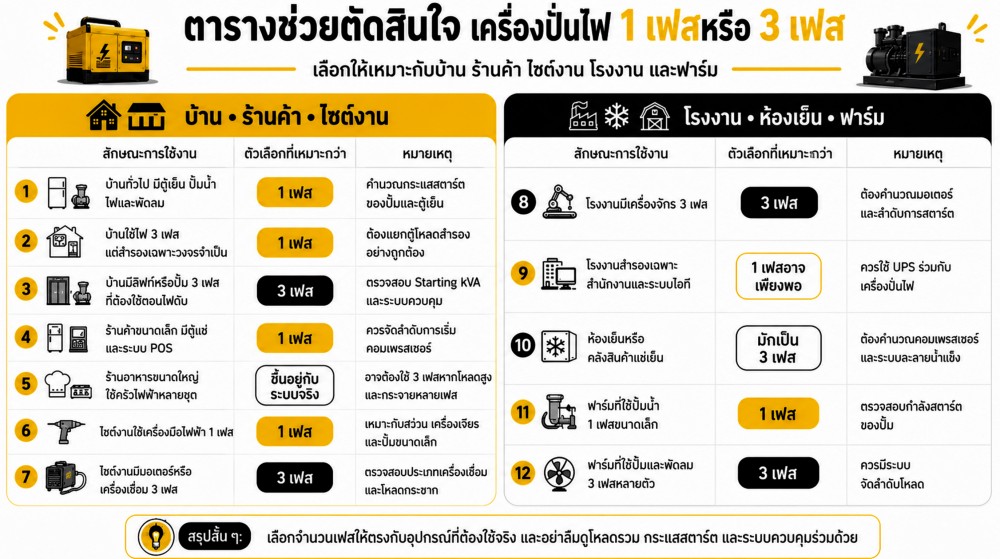 ขนาด เครื่องปั่นไฟ เท่ากัน แต่จำนวนเฟสต่างกัน ใช้งานจริงต่างกันแค่ไหน