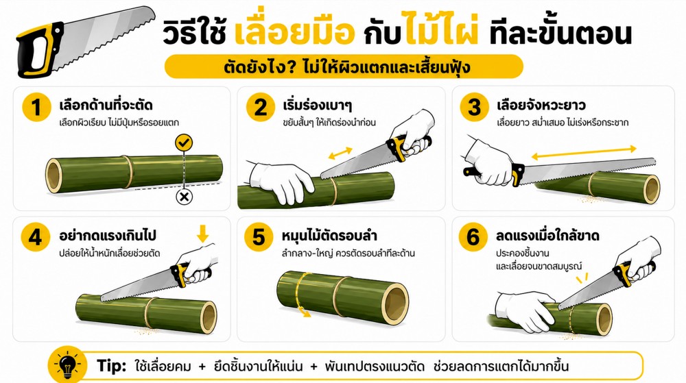 ใช้ เลื่อยมือ กับไม้ไผ่ยังไง ไม่ให้ผิวแตก และเสี้ยนฟุ้ง