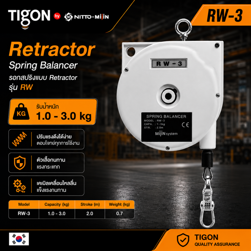 รอกสปริงแบบ RETRACTOR TIGON RW 3 ความยาวสาย 2 เมตร รองรับน้ำหนักได้ 1 3 กิโลกรัม