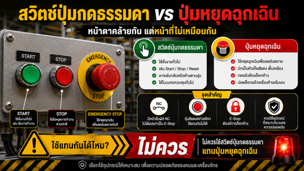 สวิตช์ปุ่มกดธรรมดากับปุ่มหยุดฉุกเฉินต่างกันอย่างไร ใช้แทนกันได้ไหม สวิตช์ปุ่มกดธรรมดากับปุ่มหยุดฉุกเฉินต่างกันอย่างไร ใช้แทนกันได้ไหม