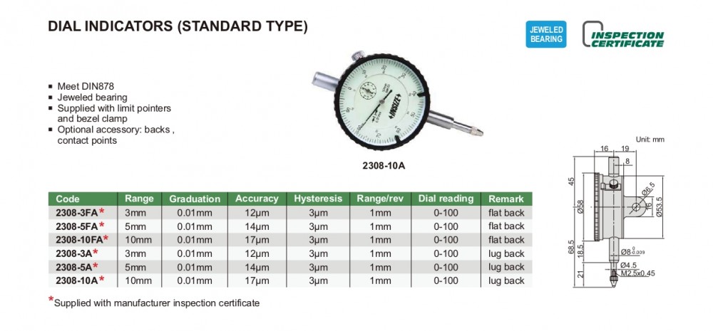 ไดอัลเกจดิจิตอล INSIZE 2308-10FA (หลังแบน) ช่วงระยะวัด 0-10 มม. ความละเอียด 0.01 มม.