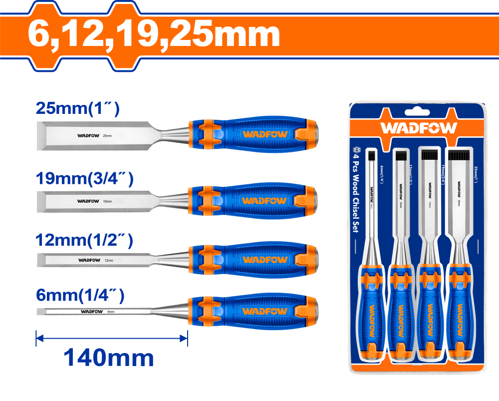 WADFOW WWC2204 Wood Chisels Set 4 Pcs (6, 12, 19, 25 mm.)