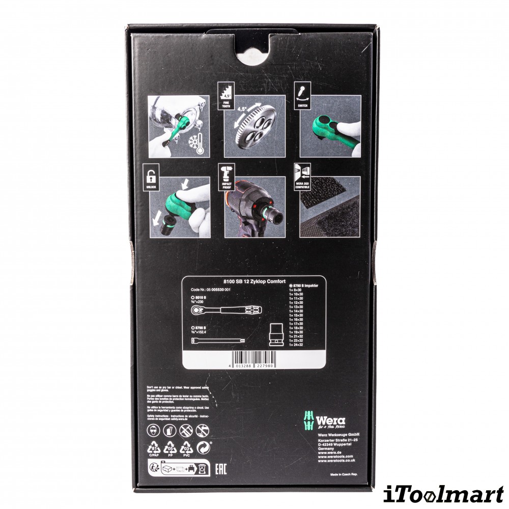 ชุดประแจ Wera 8100 SB 12 Zyklop Comfort Ratchet Set ขนาด 3/8 นิ้ว 05005530001 ชุด 16 ชิ้น