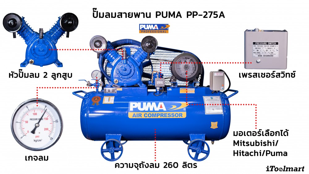 ปั๊มลมขนาดใหญ่ ปั๊มลมสายพาน PUMA PP275A  ขนาดถังลม 260 ลิตร 7.5HP หัวปั๊มลม 2 ลูกสูบ