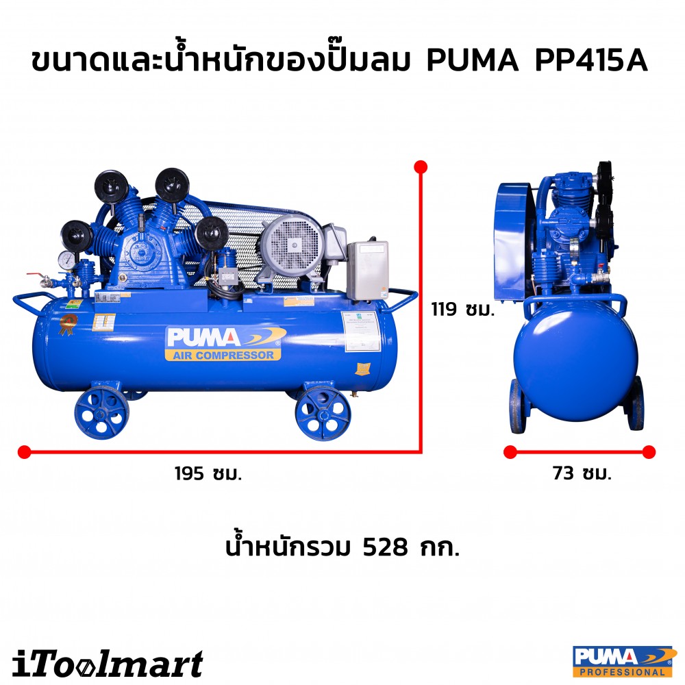 ปั๊มลมขนาดใหญ่ ปั๊มลมสายพาน PUMA PP415A-HI380V-MG มอเตอร์ HITACHI 15 HP 220V. ถัง 315 ลิตร 4 ลูกสูบ