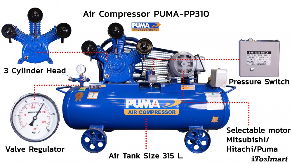 ปั๊มลมขนาดใหญ่ ปั๊มลมสายพาน PUMA PP310-PPM380V 10HP 380V. ถัง 315 ลิตร 3 ลูกสูบ