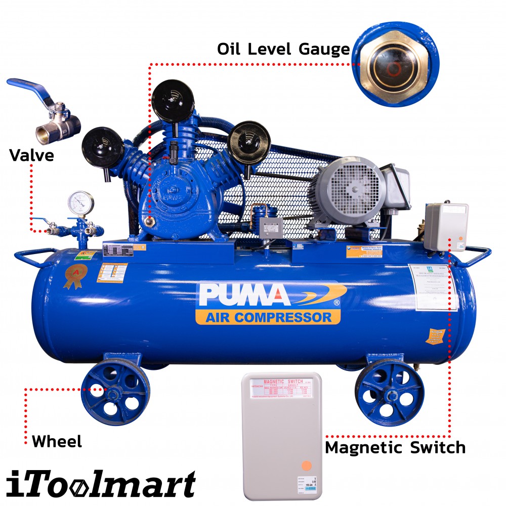 ปั๊มลมขนาดใหญ่ ปั๊มลมสายพาน PUMA PP310-PPM380V 10HP 380V. ถัง 315 ลิตร 3 ลูกสูบ