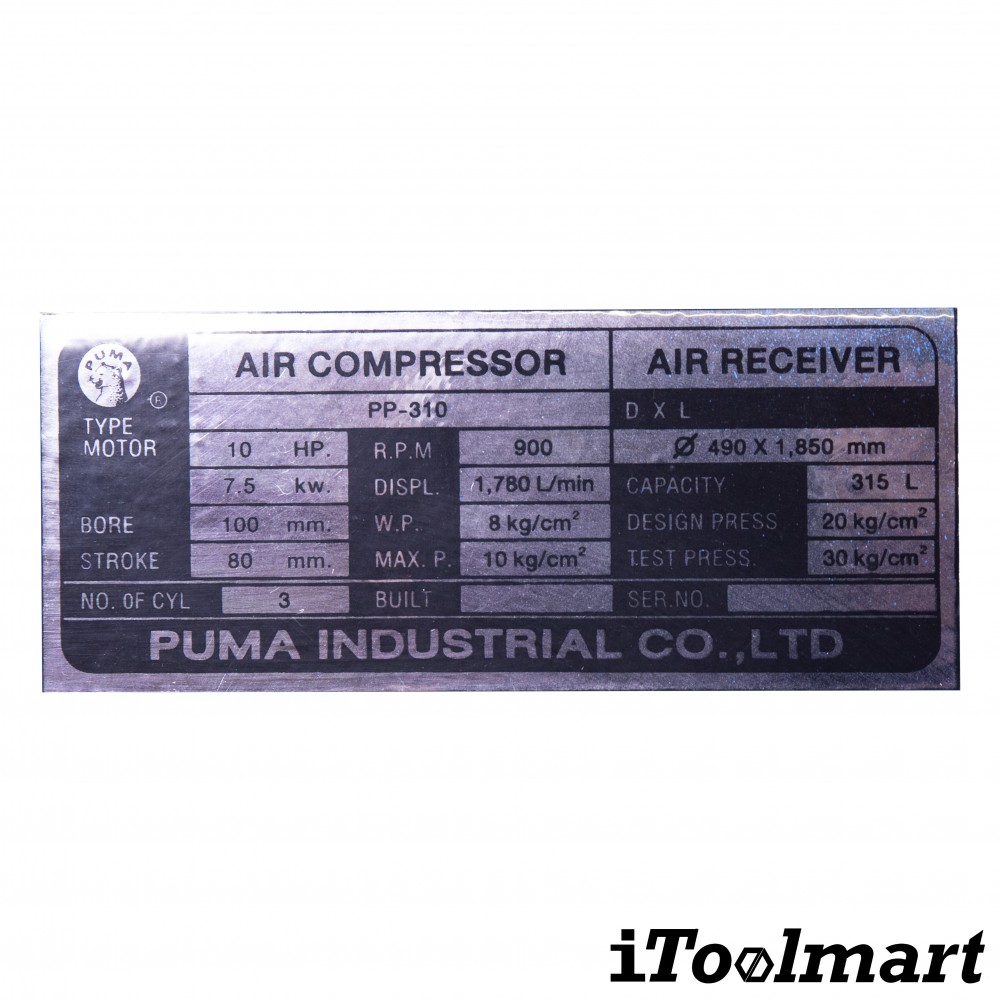 ชุดปั๊มลม PUMA PP310-HI380V-MG มอเตอร์ HITACHI 10 HP ถัง 315 L. (3 ลูกสูบ)