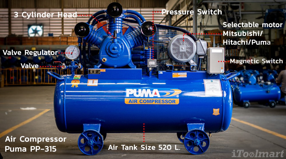ปั๊มลมขนาดใหญ่ ปั๊มลมสายพาน PUMA PP315-PPM380V 15HP 380V. ถัง 520 ลิตร 3 ลูกสูบ