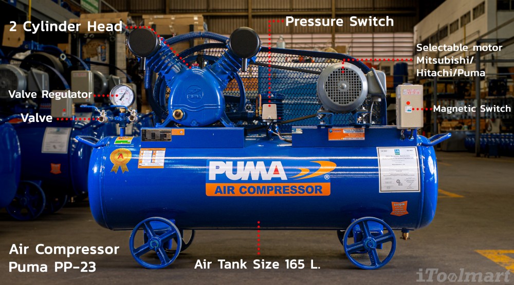 ชุดปั๊มลม PUMA PP23-HI220V-MG มอเตอร์ HITACHI 3 HP ถัง 165 L. (2 ลูกสูบ)