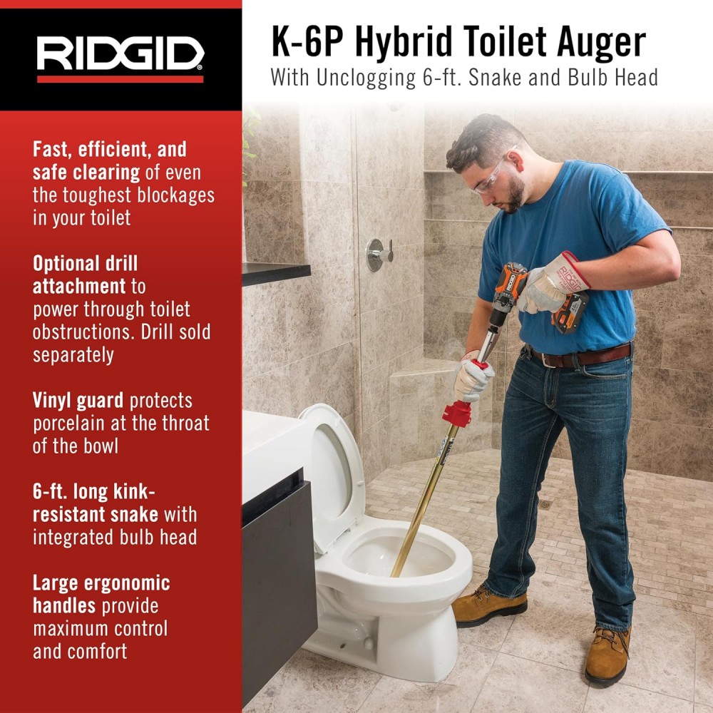 เครื่องมือล้างชักโครก เครื่องมือทะลวงท่อ RIDGID K-6P (56658) ความยาว 6 ฟุต ใช้กับสว่านไฟฟ้าได้