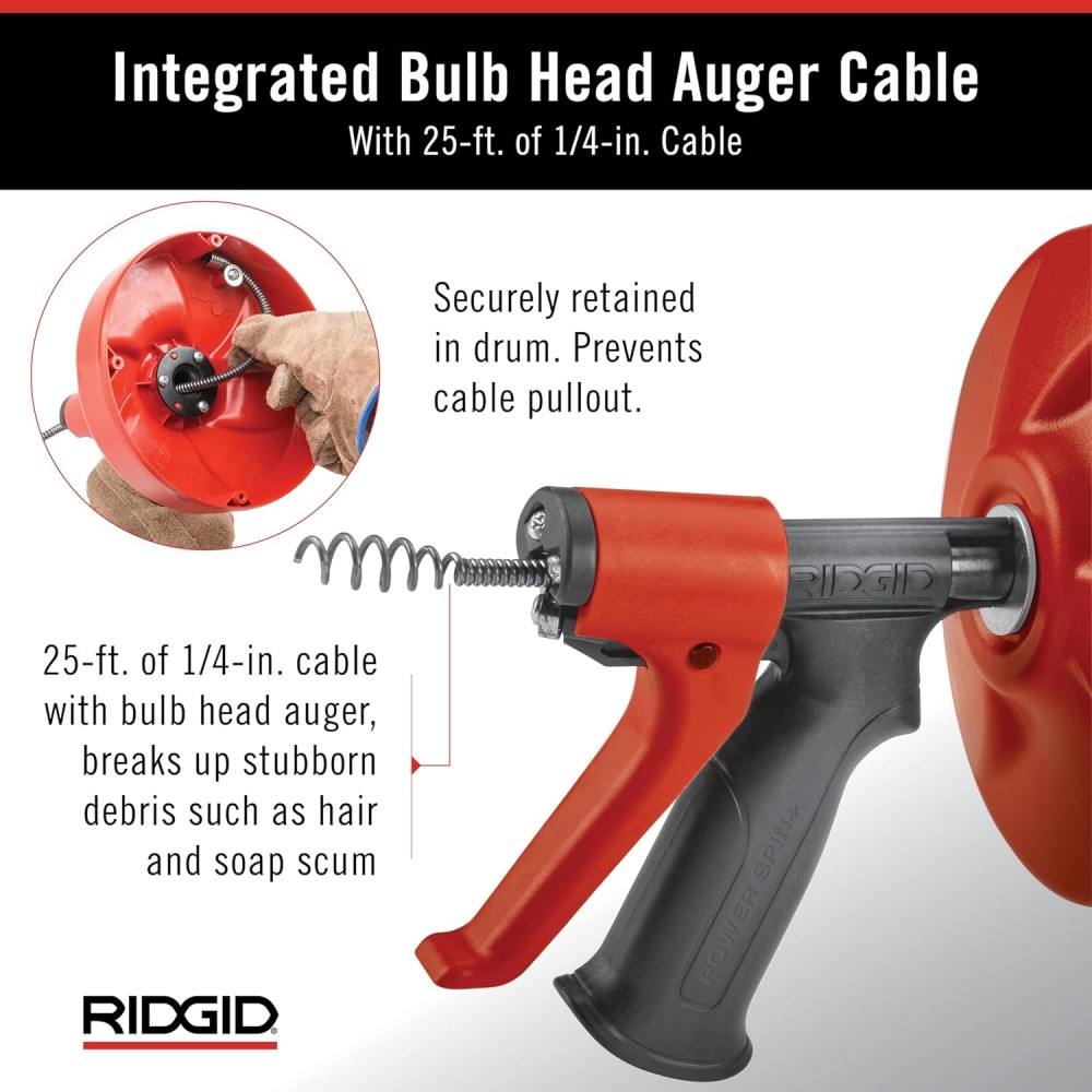 เครื่องล้างท่อแบบมือถือ RIDGID 57043 POWER SPIN+ ขนาด 1.1/2 นิ้ว ความยาวสาย 25 ฟุต