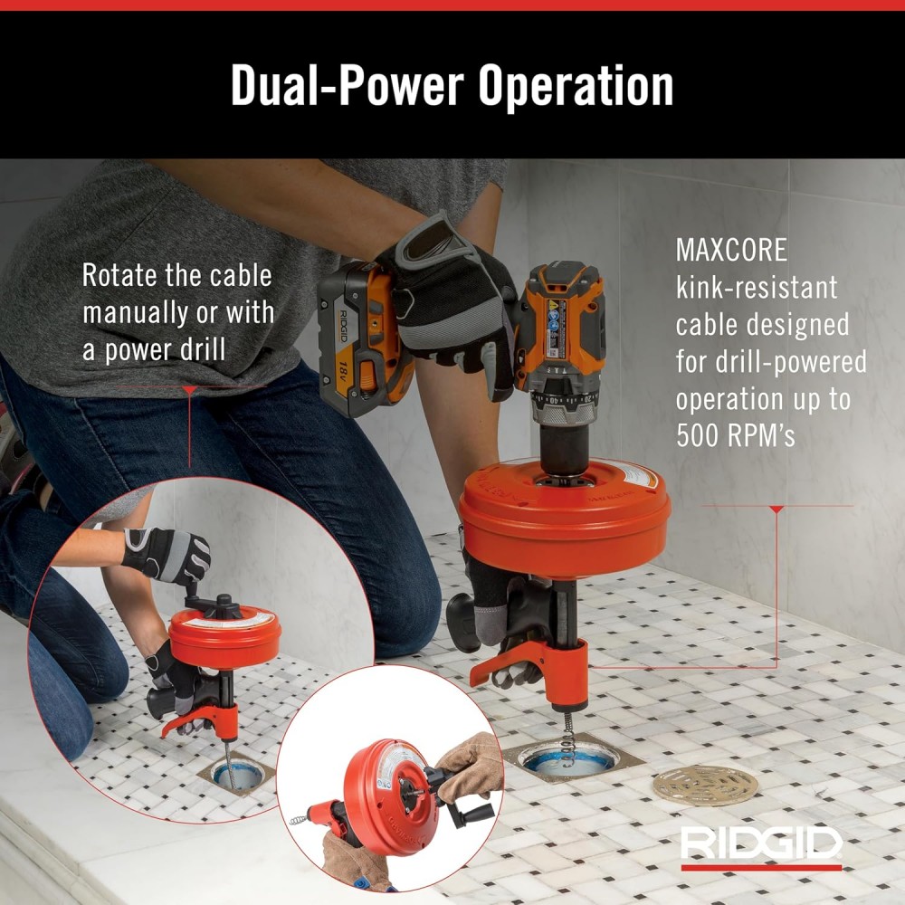เครื่องล้างท่อแบบมือถือ RIDGID 57043 POWER SPIN+ ขนาด 1.1/2 นิ้ว ความยาวสาย 25 ฟุต