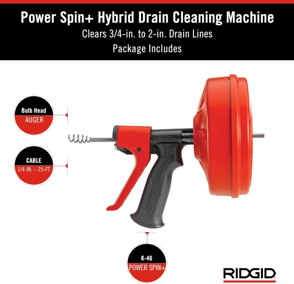 เครื่องล้างท่อแบบมือถือ RIDGID 57043 POWER SPIN+ ขนาด 1.1/2 นิ้ว ความยาวสาย 25 ฟุต