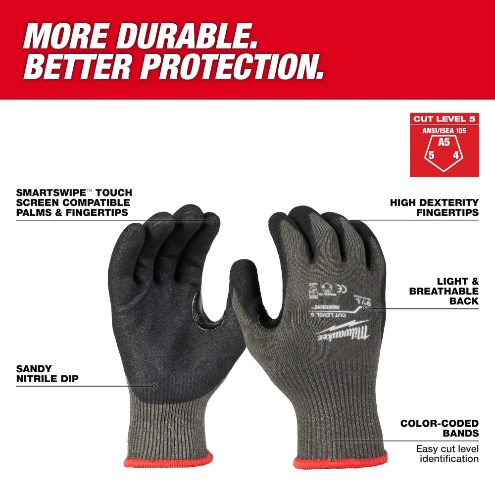 ถุงมือกันบาด Milwaukee Cut 5 Dipped Gloves Size M 48 73 8651  8 นิ้ว 