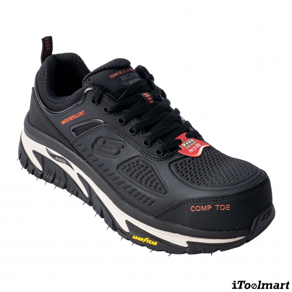 รองเท้าเซฟตี้ Skechers 200154 Arch Fit Road Walker Raylan ผู้ชาย สีดำ หัวคอมโพสิต พื้นยาง Goodyear กันลื่นทั้งในสภาพเปียกและแห้ง