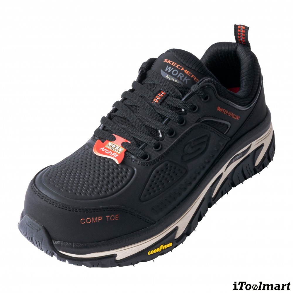 รองเท้าเซฟตี้ Skechers 200154 Arch Fit Road Walker Raylan ผู้ชาย สีดำ หัวคอมโพสิต พื้นยาง Goodyear กันลื่นทั้งในสภาพเปียกและแห้ง
