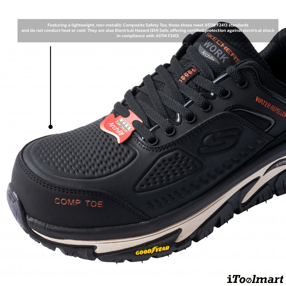 รองเท้าเซฟตี้ Skechers 200154 Arch Fit Road Walker Raylan  Work Mens  No 11 สีดำ หัวคอมโพสิต พื้นยาง Goodyear กันลื่นทั้งในสภาพเปียกและแห้ง