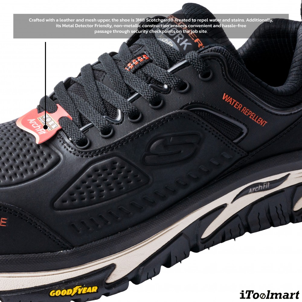 รองเท้าเซฟตี้ Skechers 200154 Arch Fit Road Walker Raylan  Work Mens  No 11 สีดำ หัวคอมโพสิต พื้นยาง Goodyear กันลื่นทั้งในสภาพเปียกและแห้ง