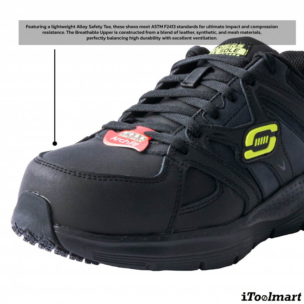 รองเท้าเซฟตี้ Skechers&nbsp;200158 Arch Fit SR Sellian Alloy Toe ผู้ชาย EU 40  7 5 US  สีดำ หัวโลหะ น้ำหนักเบา รองรับแรงกระแทกและแรงบีบอัด