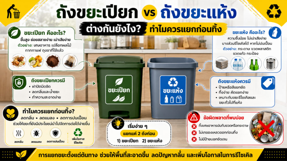 ถังขยะเปียกกับถังขยะแห้งต่างกันยังไง ทำไมควรแยกก่อนทิ้ง ถังขยะเปียกกับถังขยะแห้งต่างกันยังไง ทำไมควรแยกก่อนทิ้ง